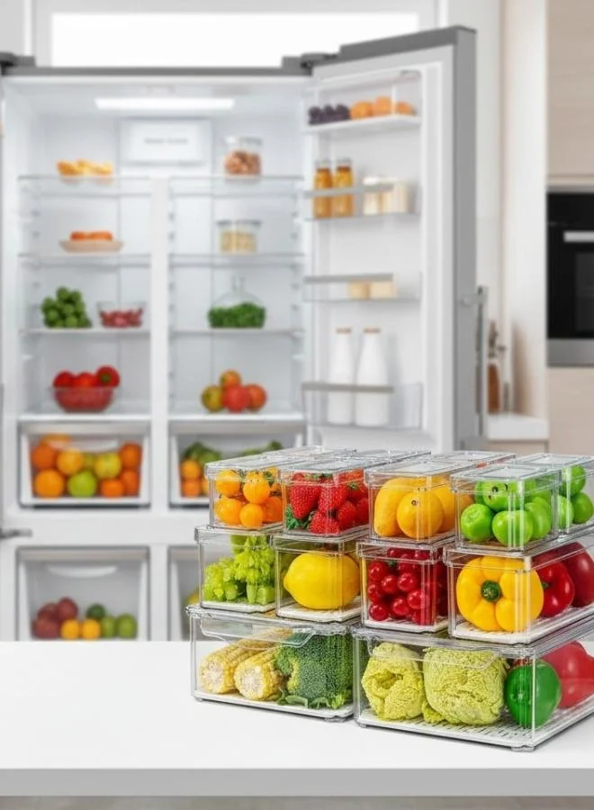 Casa Quesera  14 Pack Stackable Fridge Organizer Bins with Lids Clear Refrigerator and Pantry Storage Containers BPA Free for Fruits Vegetables Drinks and Snacks  | Best Price UAE